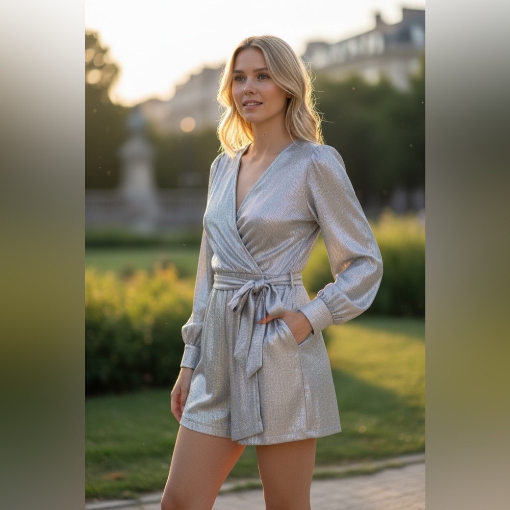 DESIGNER NWT Studio F Silver Metallic Wrap-Style Jumpsuit